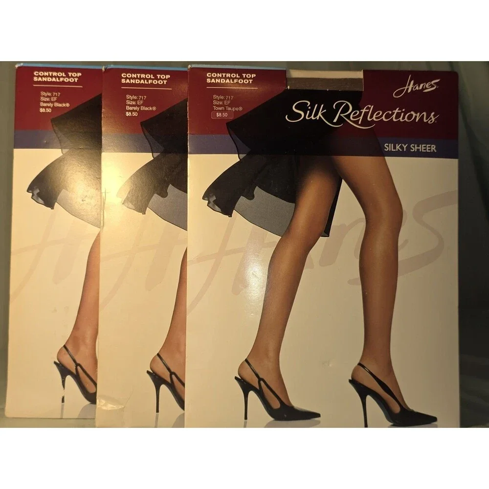 Lot of 3 Vtg Hanes Silk Reflections Pantyhose Size EF Control Top Sandalfoot 717